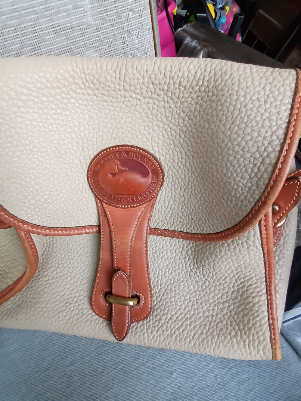 Vintage Dooney & Bourke Cream Pebble Leather Shoulder Bag with Brown Trim